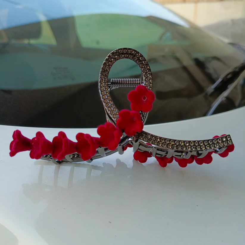 RED FLOWER LARGE RHINESTONE HAIR CLIP