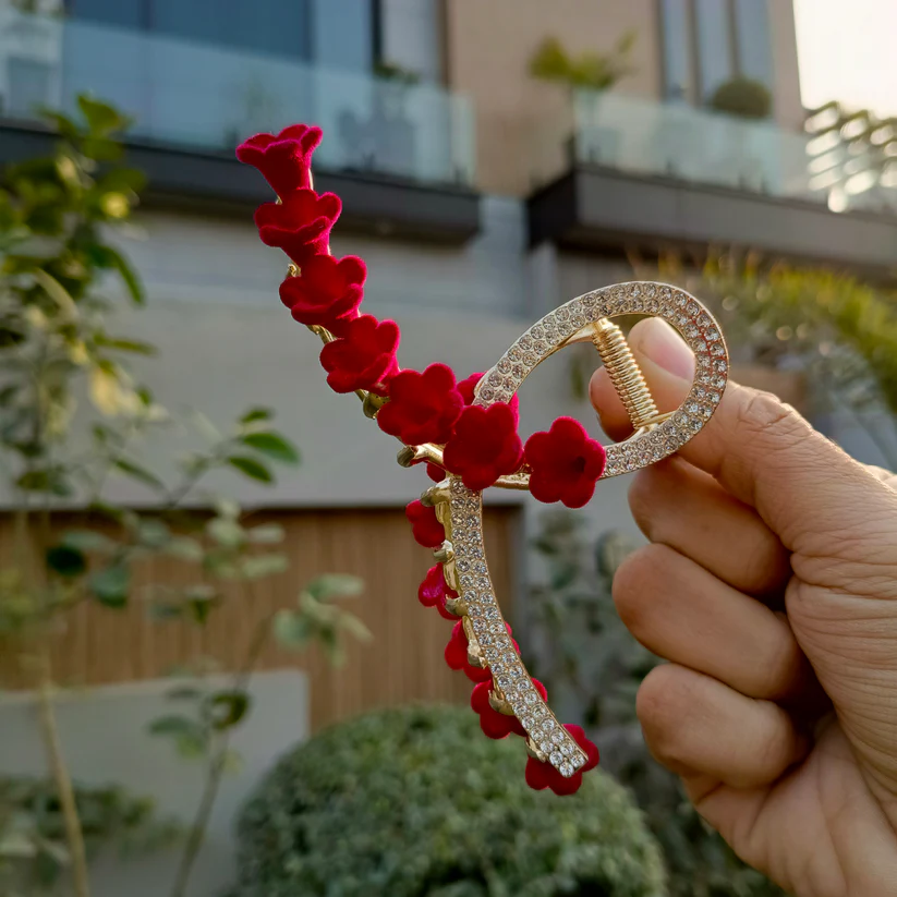 RED FLOWER LARGE RHINESTONE HAIR CLIP